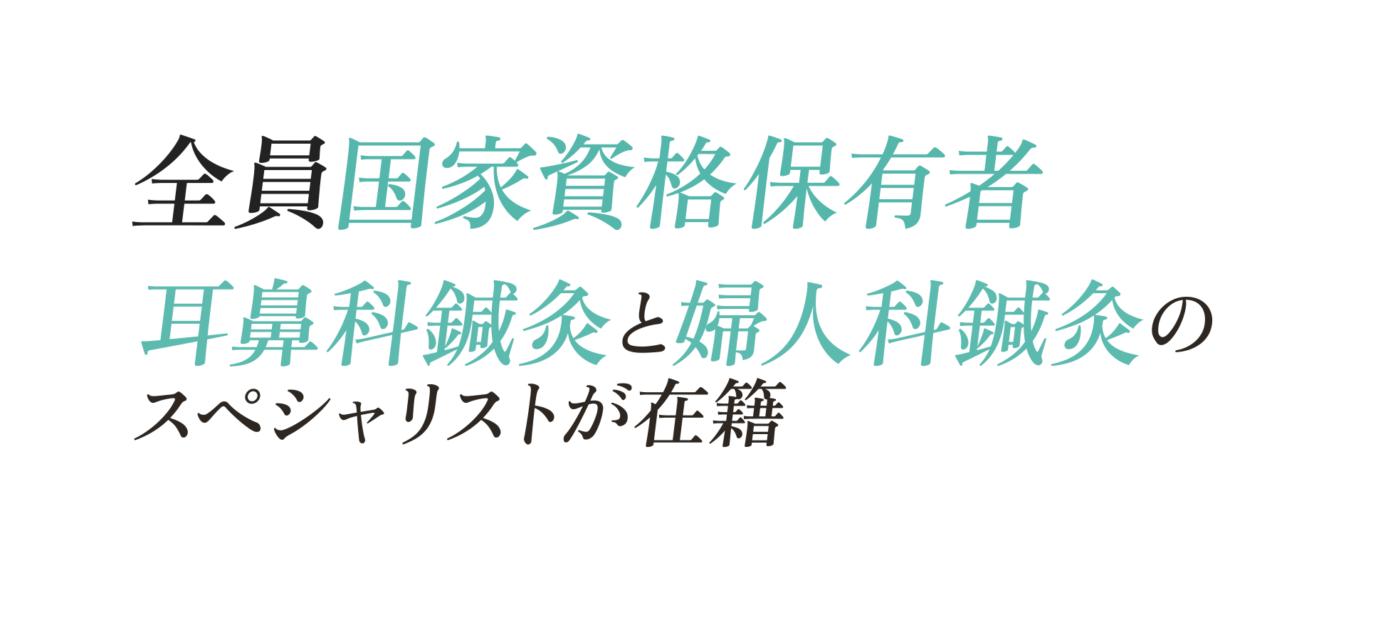 全員国家資格保有者
									耳鼻科鍼灸と婦人科鍼灸のスペシャリストが在籍